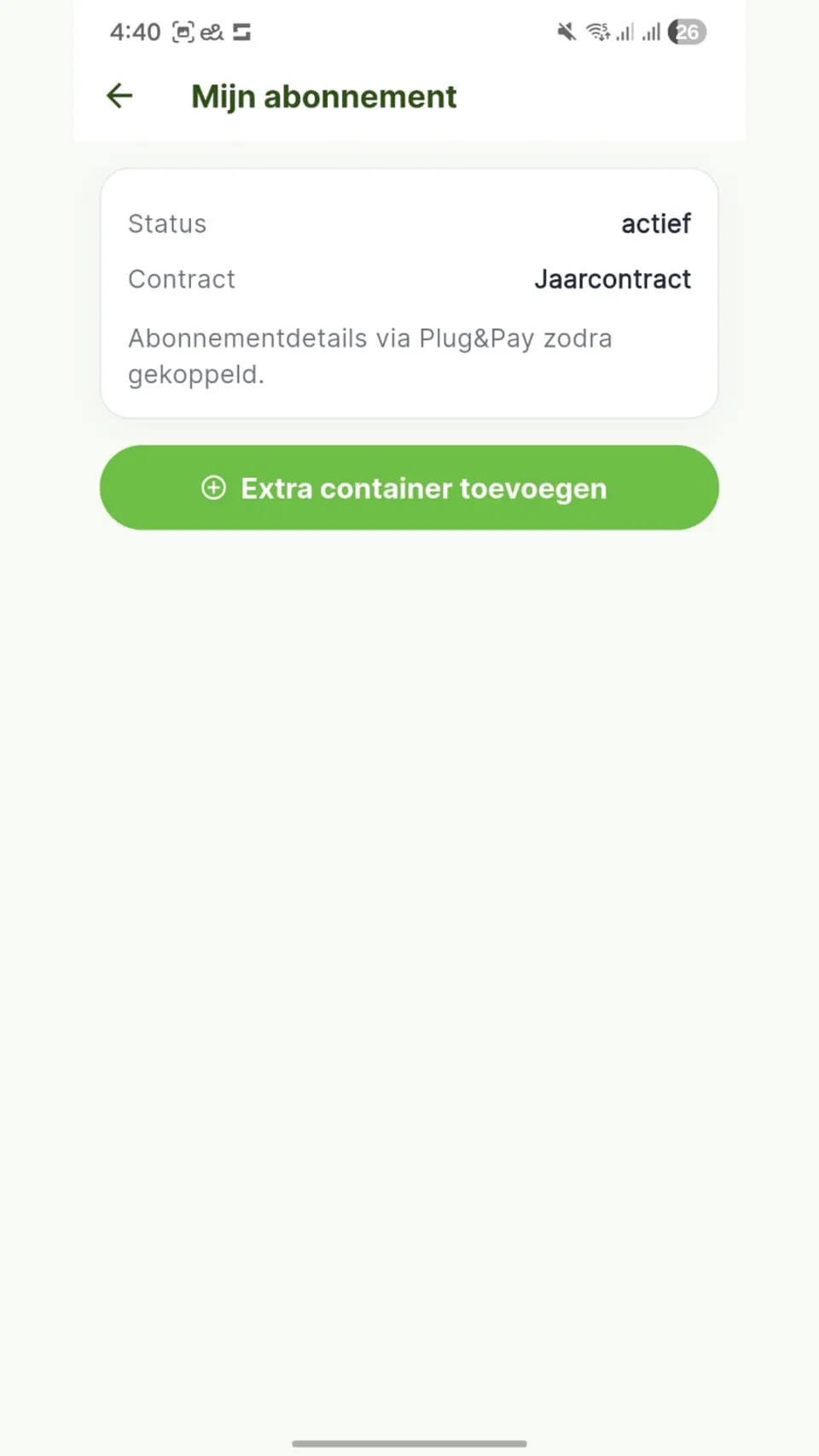 Scherm Mijn abonnement in de Frisse Kliko-app met status, contract en de knop om een extra container toe te voegen.